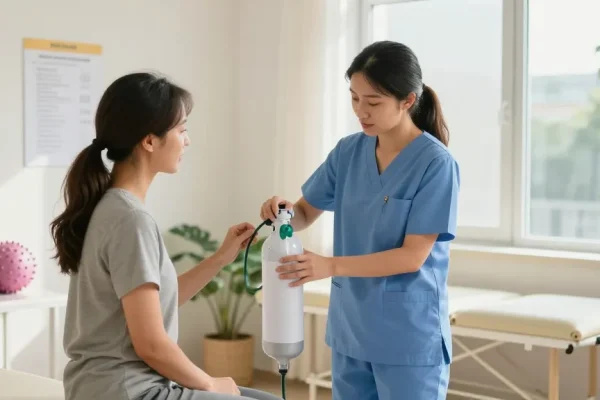 The healthcare professional explains oxygen tank usage to a patient, demonstrating proper techniques in a well-lit medical facility.